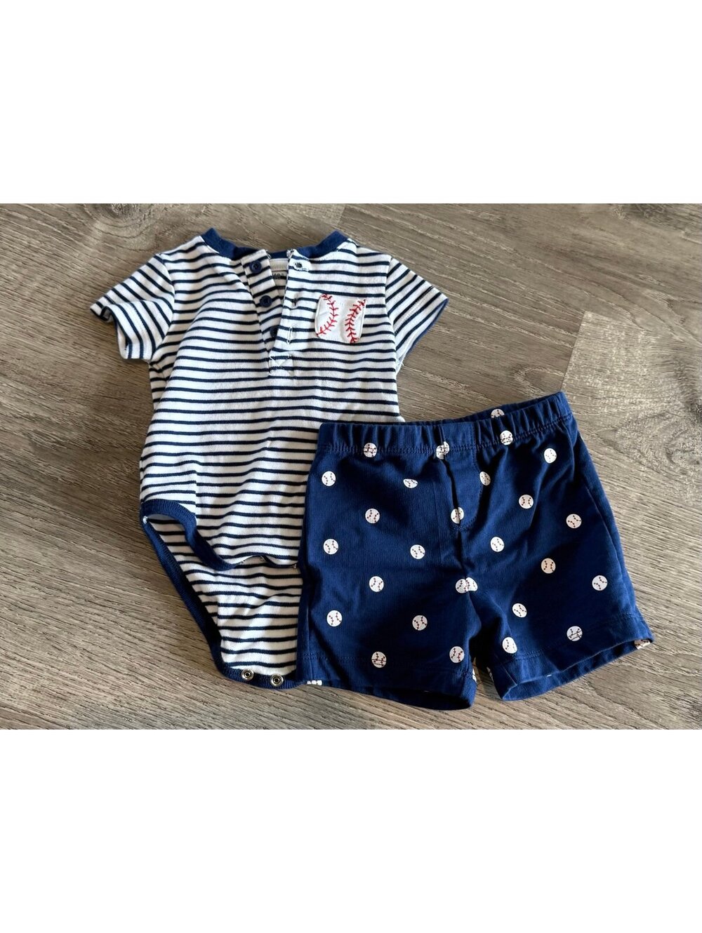 Little Me, 3 months, blue and white striped baseball bodysuit and shorts set